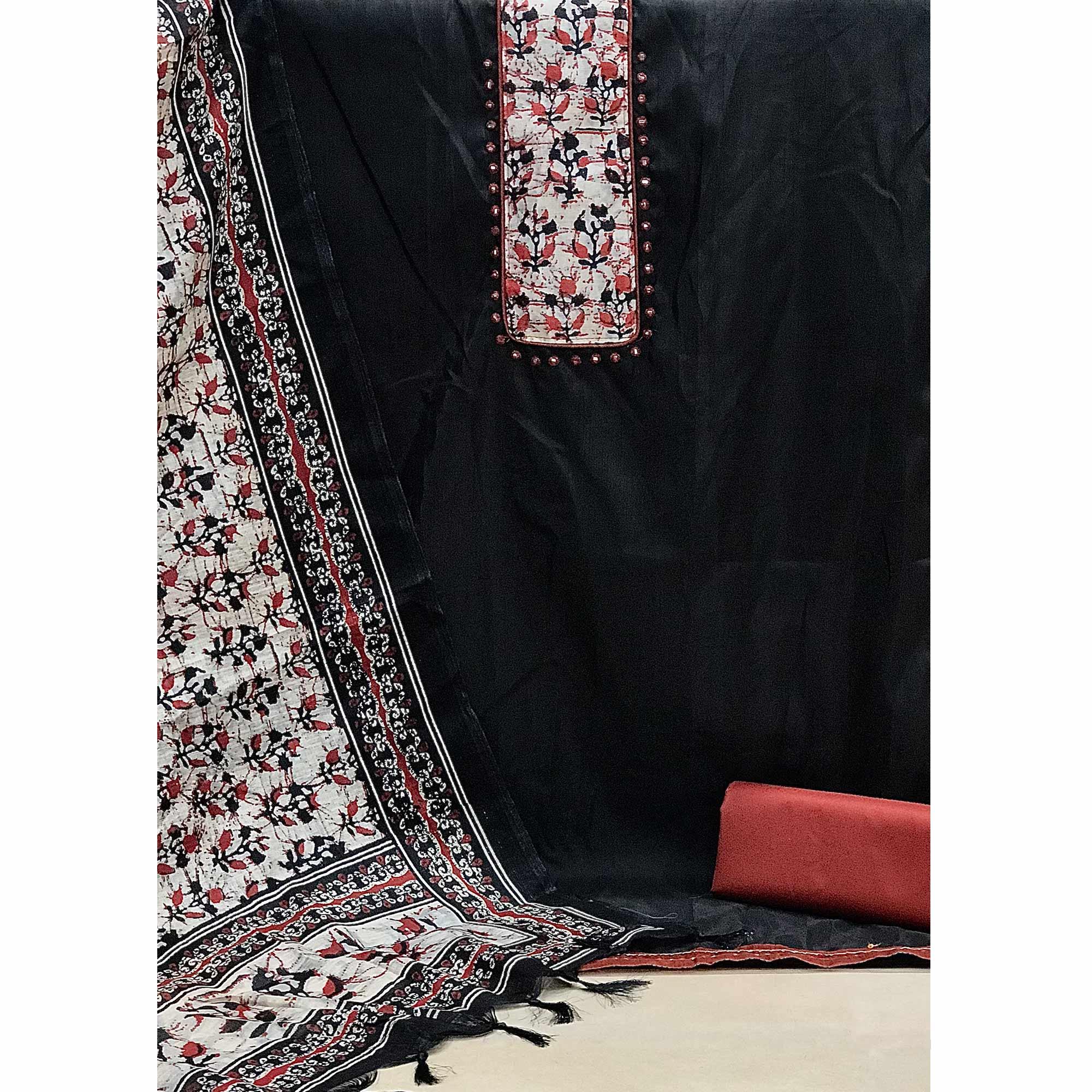 Black Batik Printed Art Silk Dress Material - Peachmode