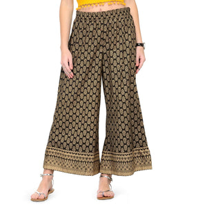 Black - Beige Printed Poly Cotton Palazzo - Peachmode