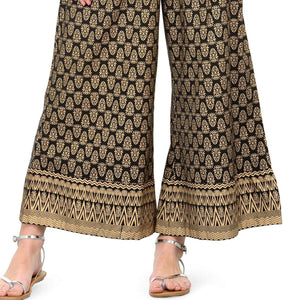 Black - Beige Printed Poly Cotton Palazzo - Peachmode