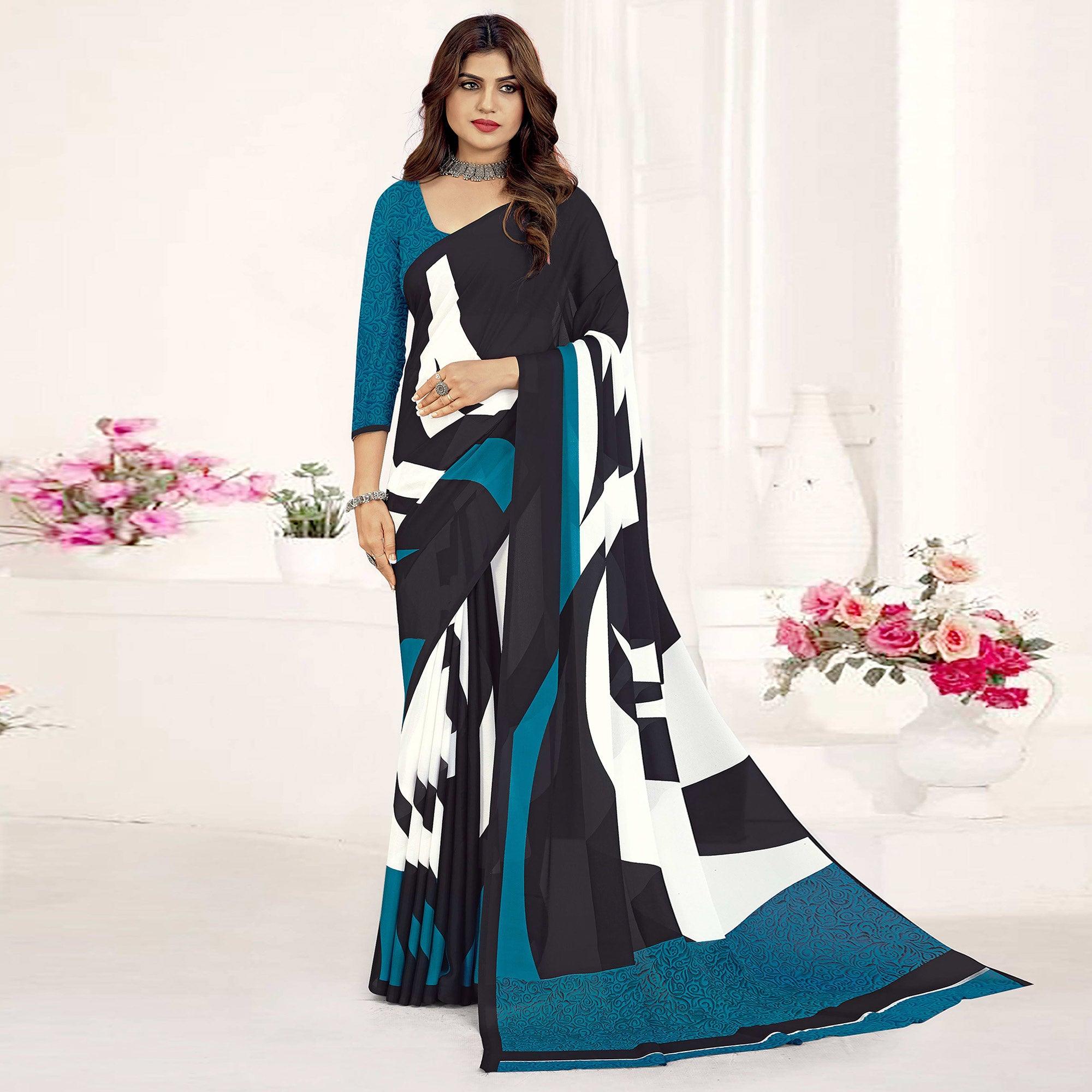 Black-Blue Geometric Printed Georgette Saree - Peachmode