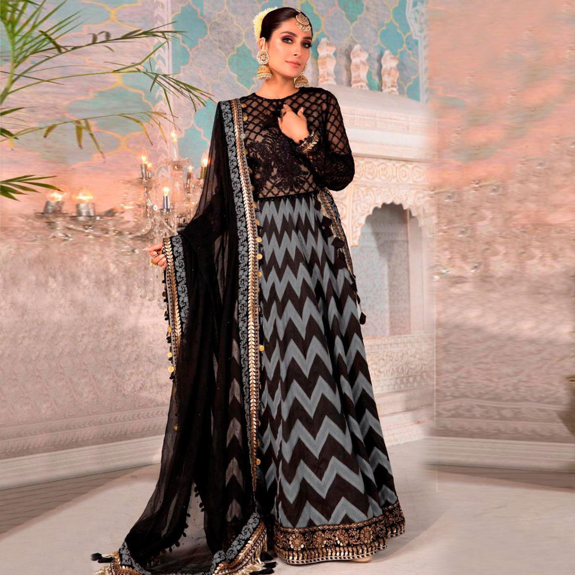 Black - Blue Partywear Digital Printed Heavy Georgette Pakistani Style Suit - Peachmode