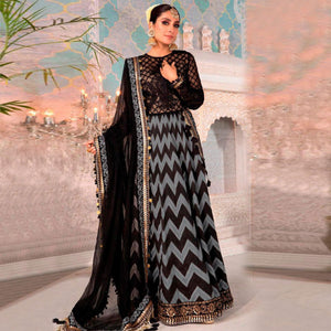 Black - Blue Partywear Digital Printed Heavy Georgette Pakistani Style Suit - Peachmode
