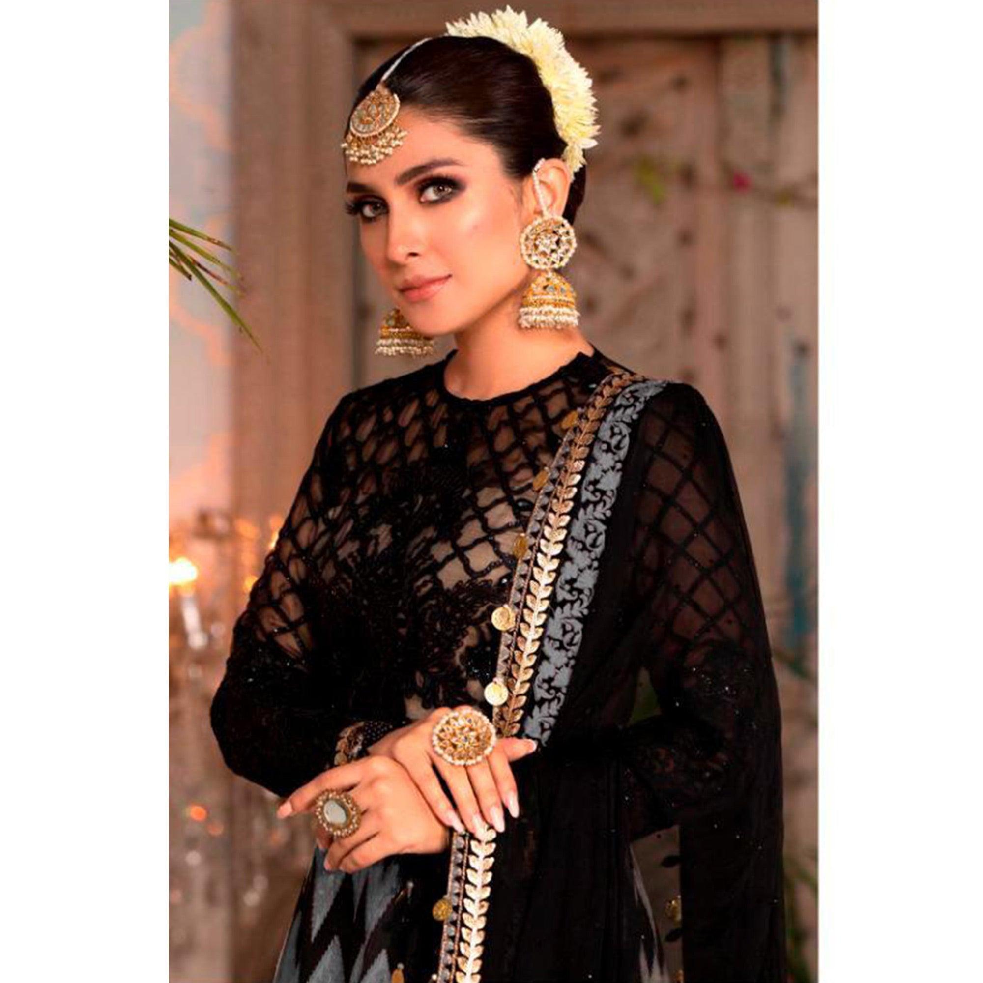 Black - Blue Partywear Digital Printed Heavy Georgette Pakistani Style Suit - Peachmode