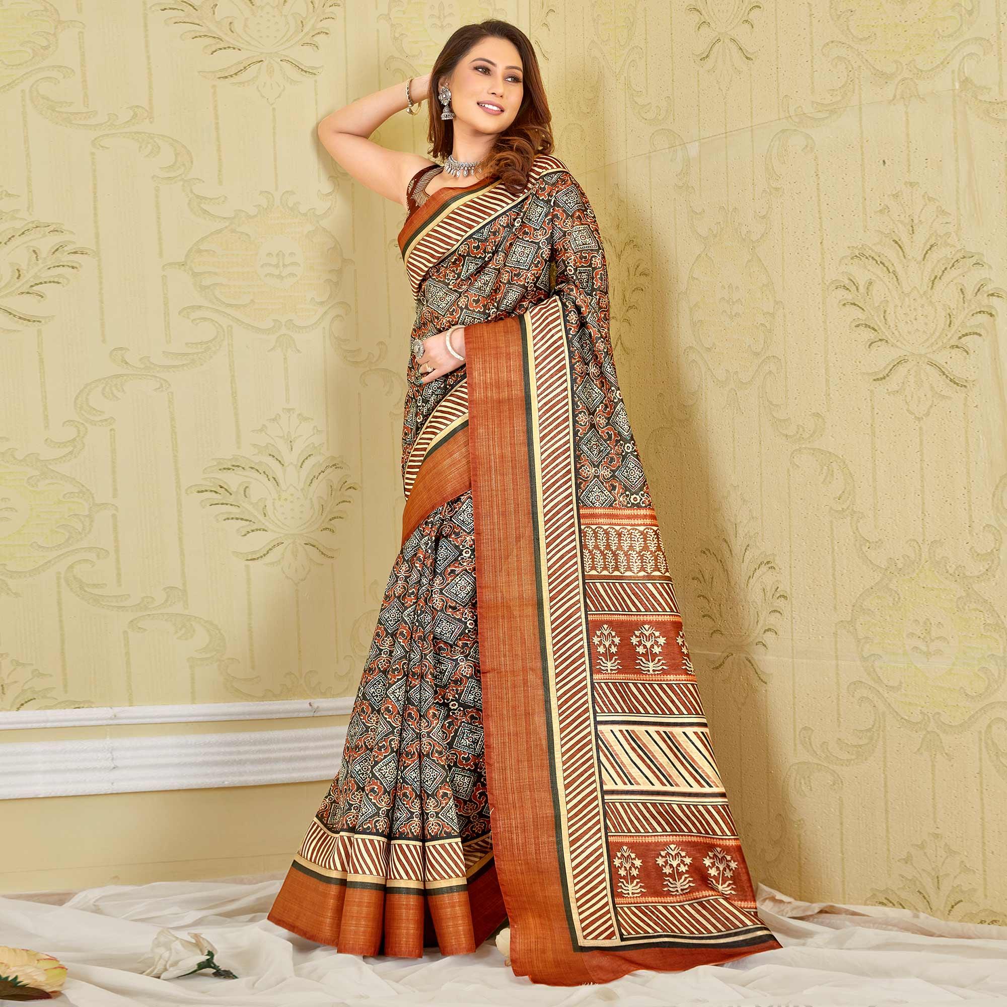 Black-Brown Printed Cotton Saree - Peachmode