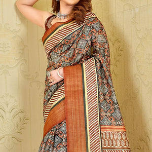 Black-Brown Printed Cotton Saree - Peachmode