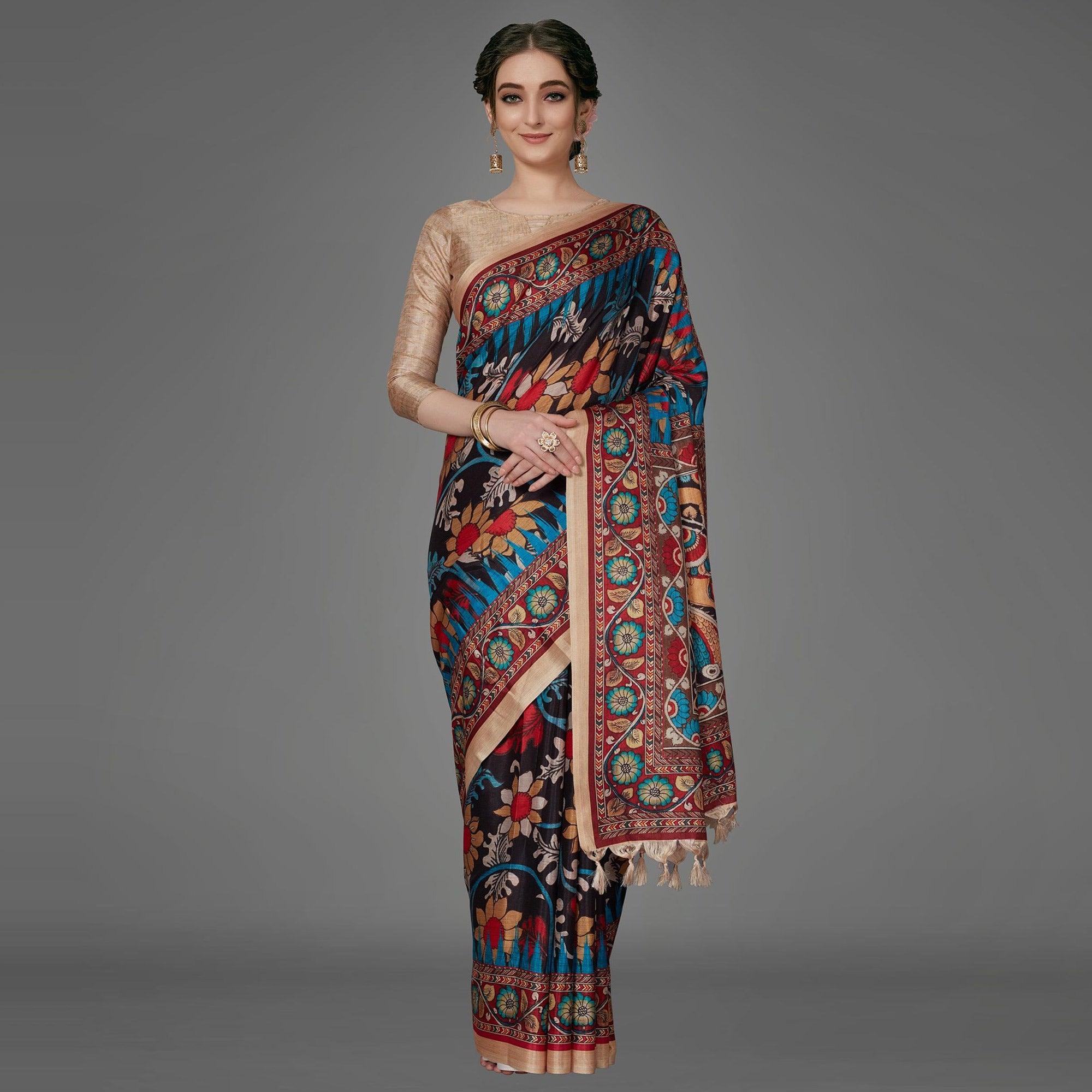 Black Casual Art Silk Printed Saree With Unstitched Blouse - Peachmode
