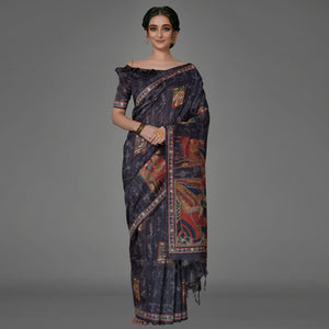 Black Casual Art Silk Printed Saree With Unstitched Blouse - Peachmode