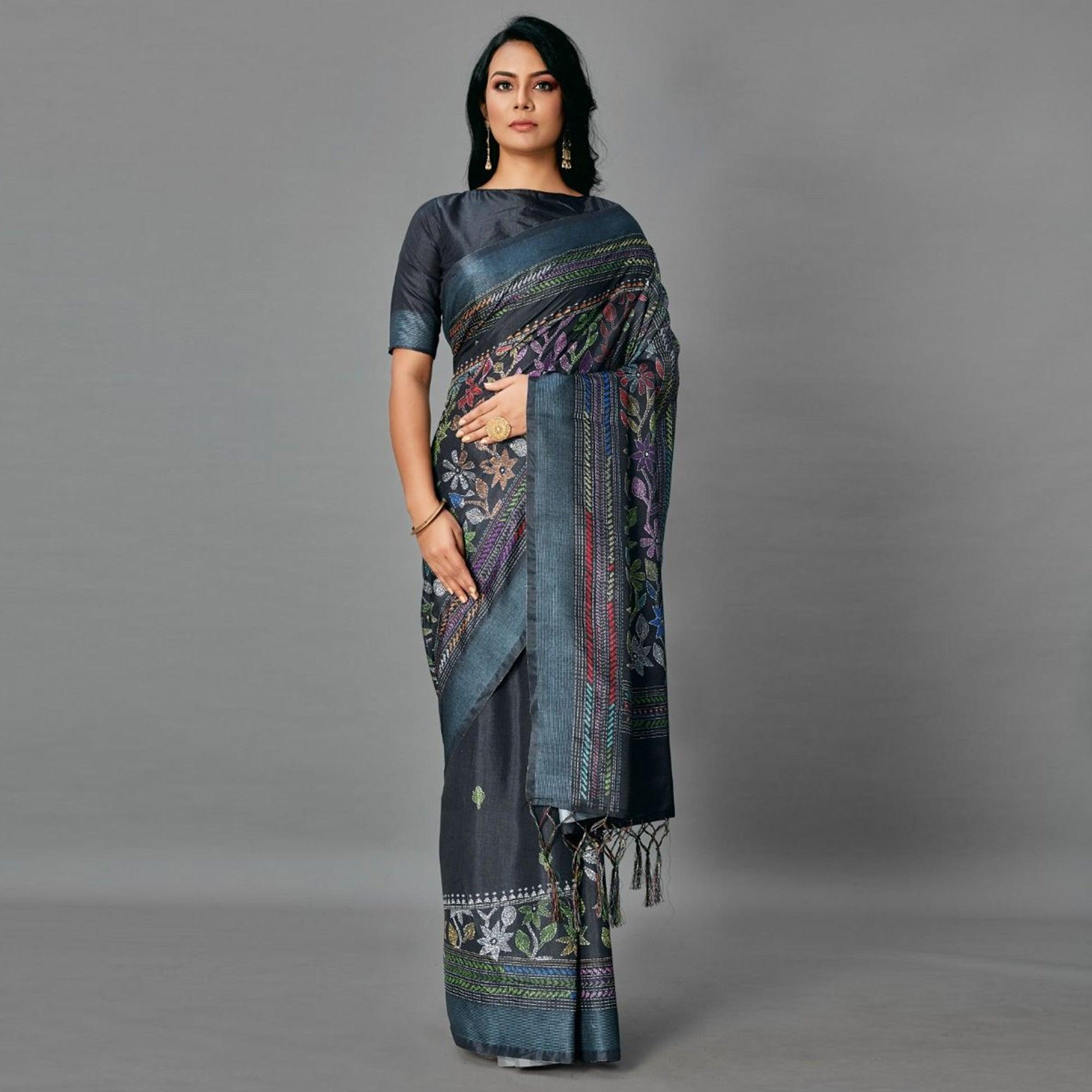 Black Casual Art Silk Printed Saree With Unstitched Blouse - Peachmode