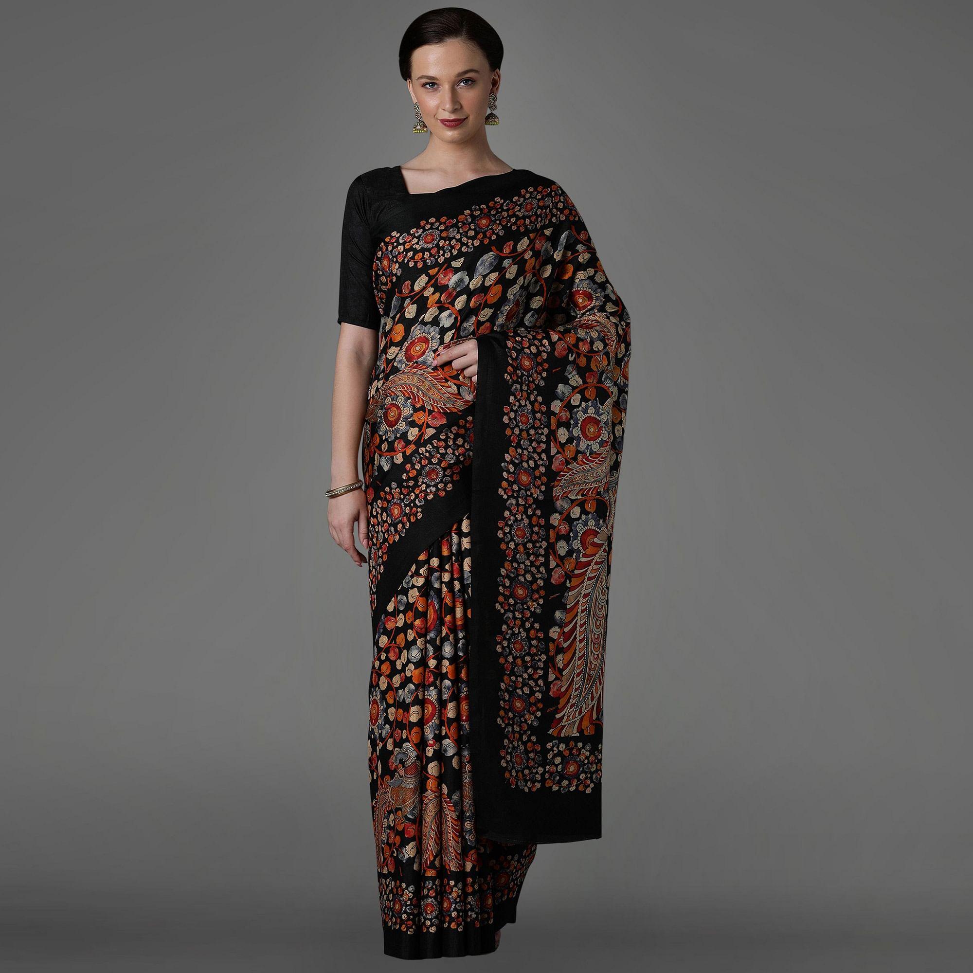 Black Casual Art Silk Printed Saree With Unstitched Blouse - Peachmode