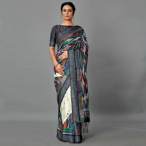 Black Casual Art Silk Printed Saree With Unstitched Blouse - Peachmode