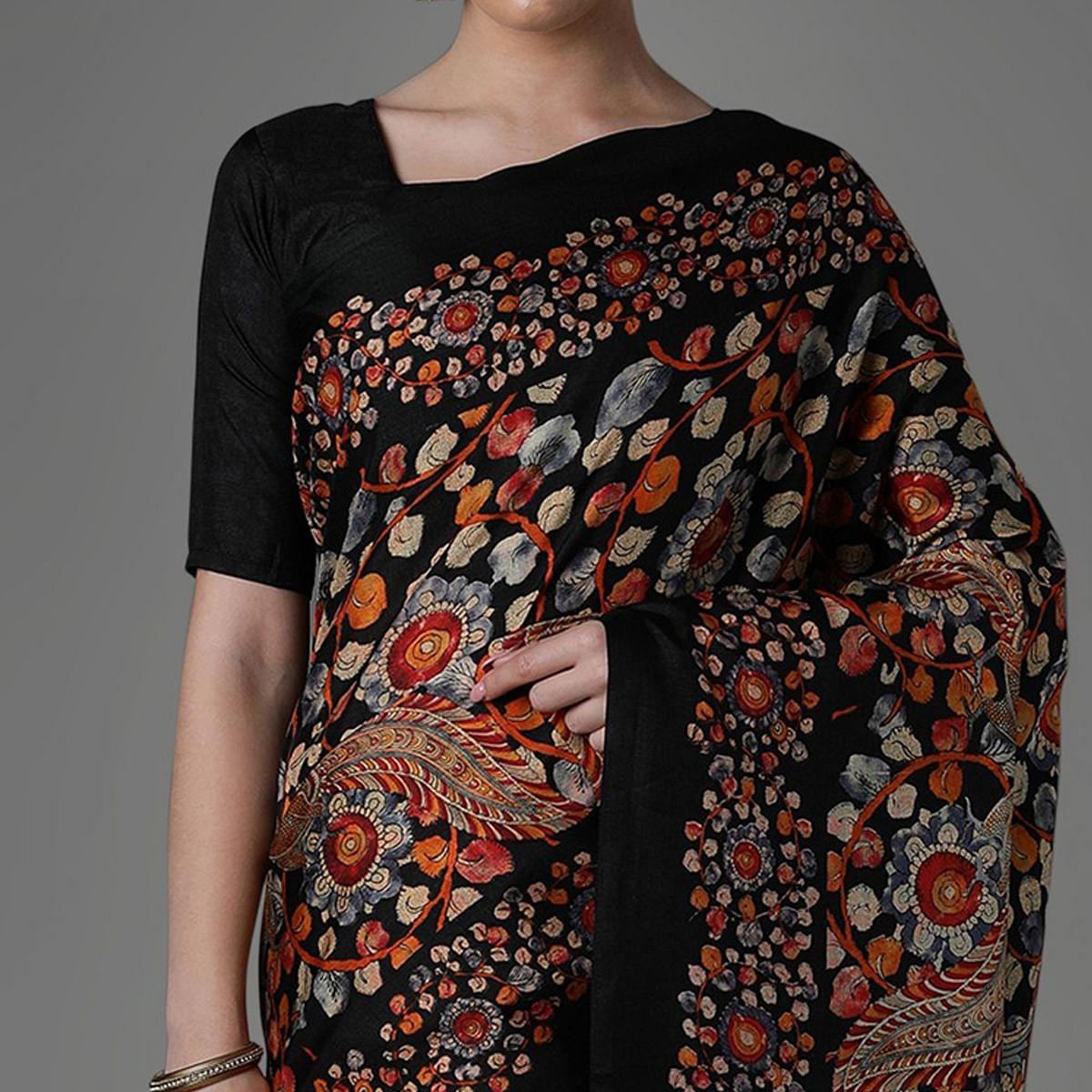 Black Casual Art Silk Printed Saree With Unstitched Blouse - Peachmode