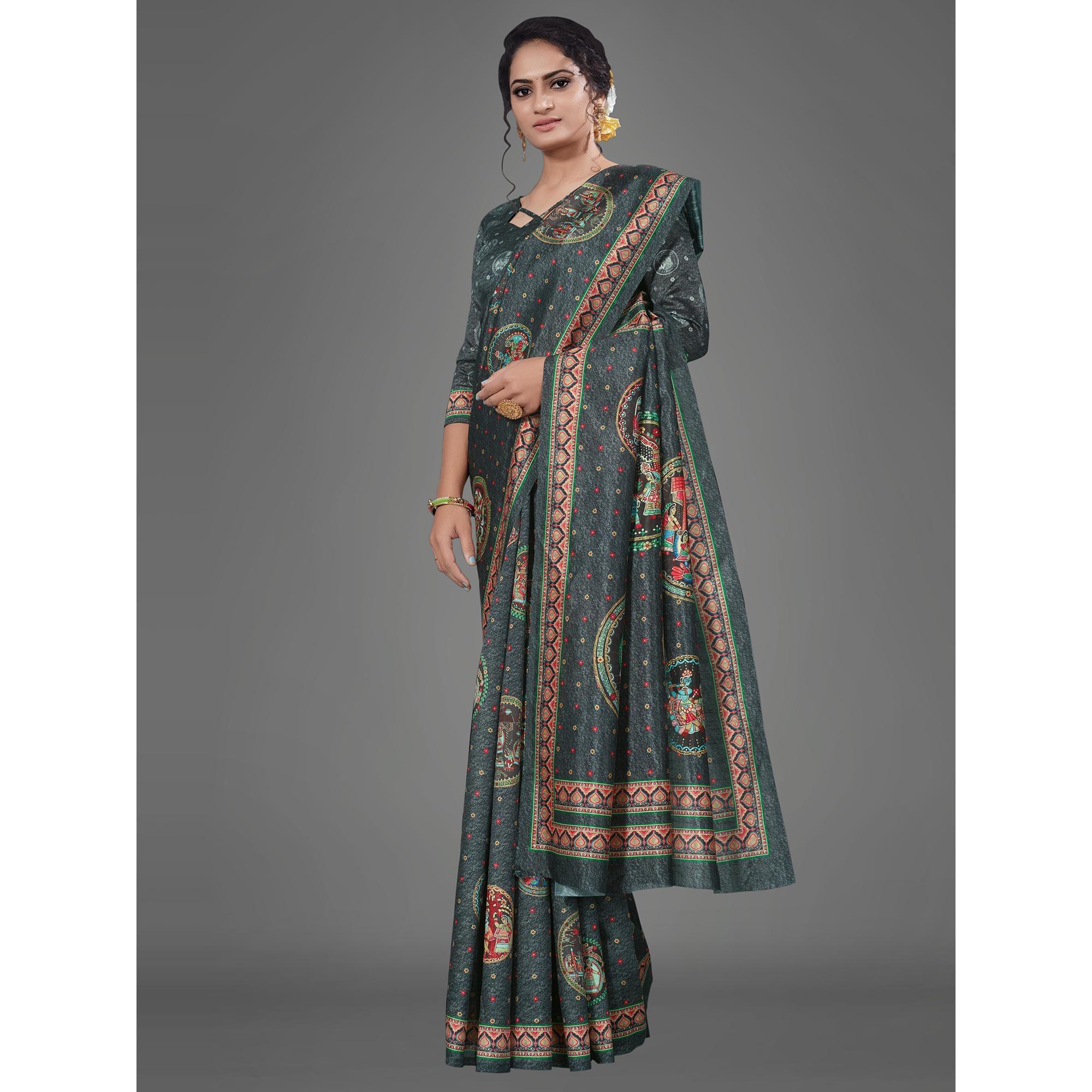 Black Casual Art Silk Printed Saree With Unstitched Blouse - Peachmode