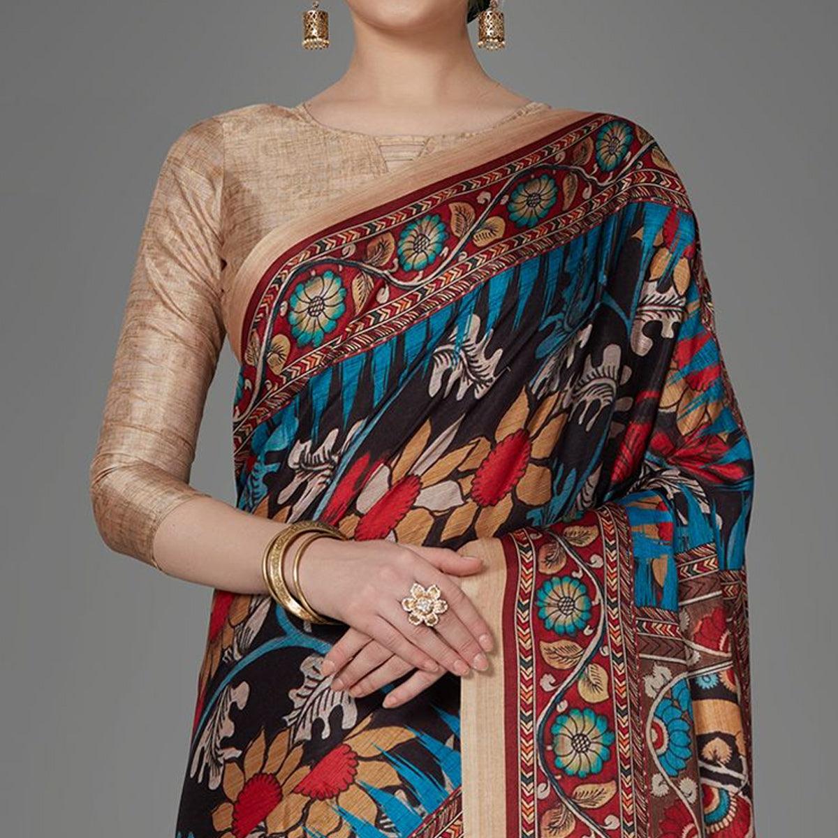 Black Casual Art Silk Printed Saree With Unstitched Blouse - Peachmode