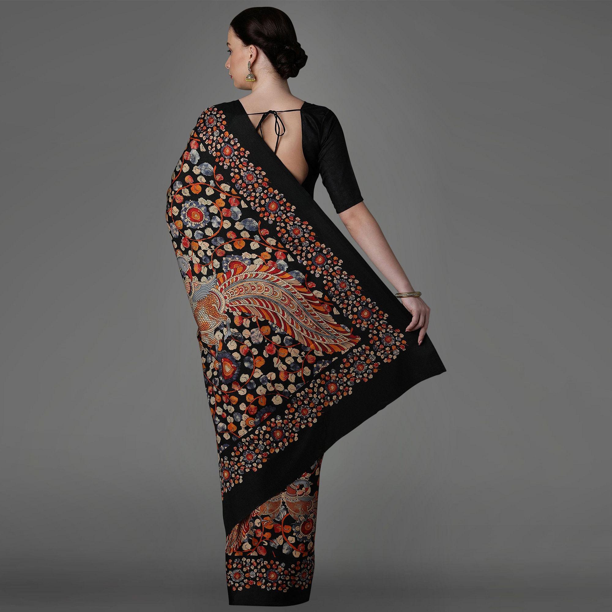 Black Casual Art Silk Printed Saree With Unstitched Blouse - Peachmode