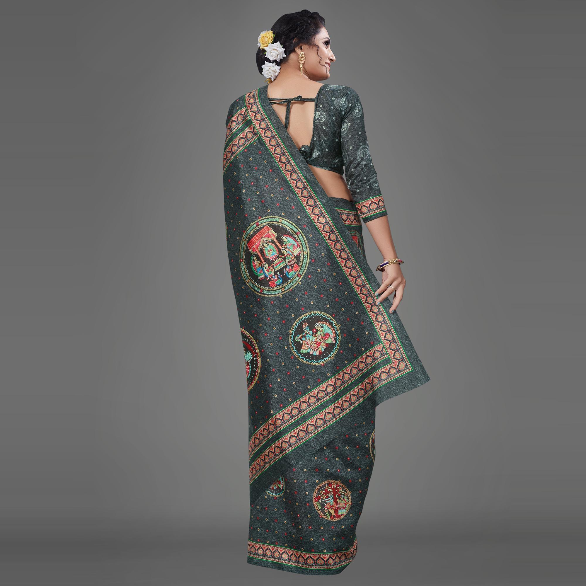 Black Casual Art Silk Printed Saree With Unstitched Blouse - Peachmode
