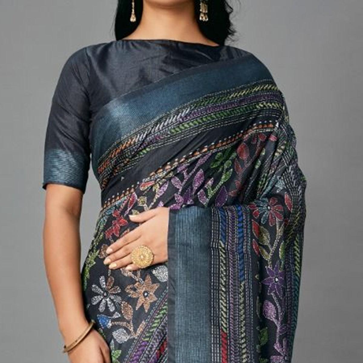 Black Casual Art Silk Printed Saree With Unstitched Blouse - Peachmode