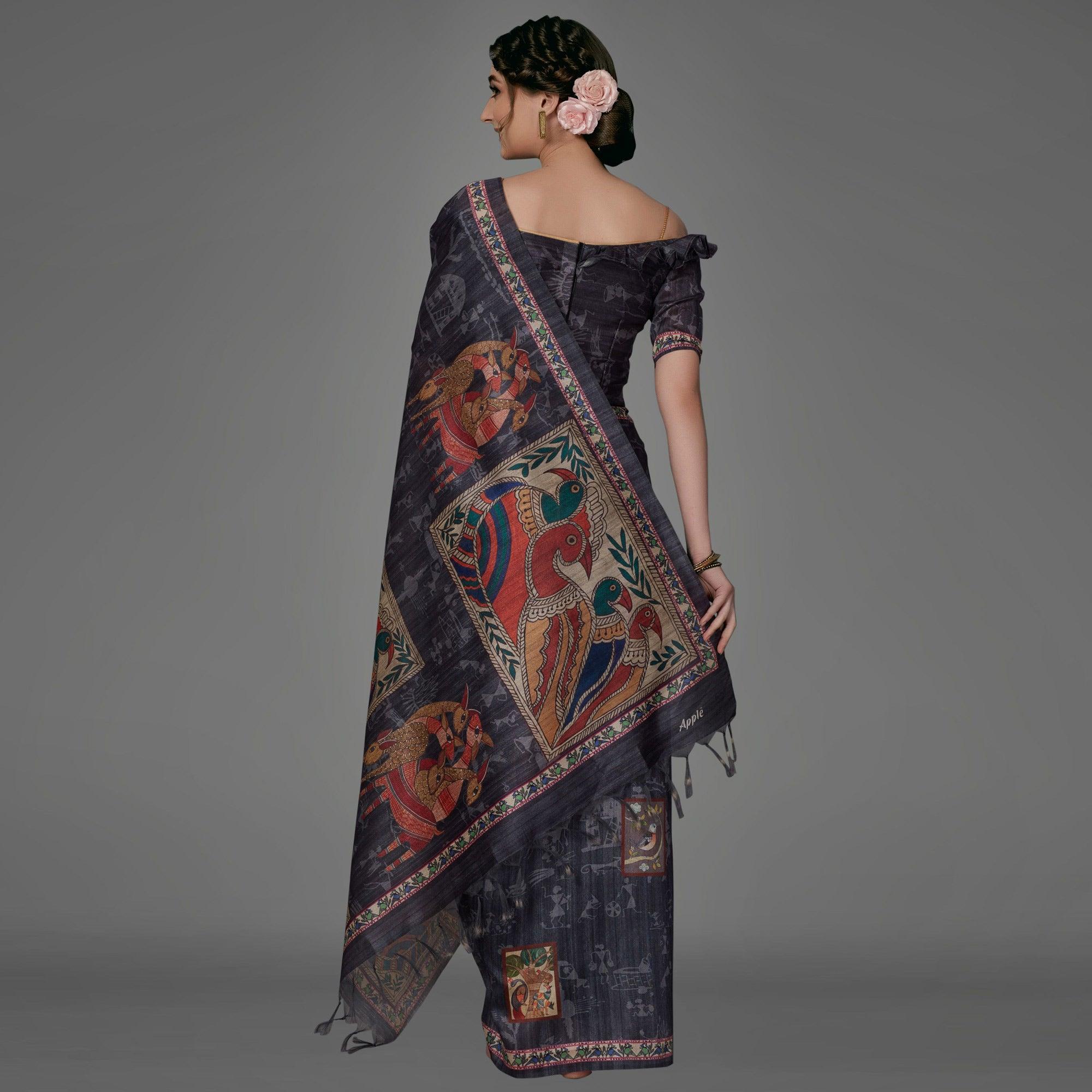Black Casual Art Silk Printed Saree With Unstitched Blouse - Peachmode