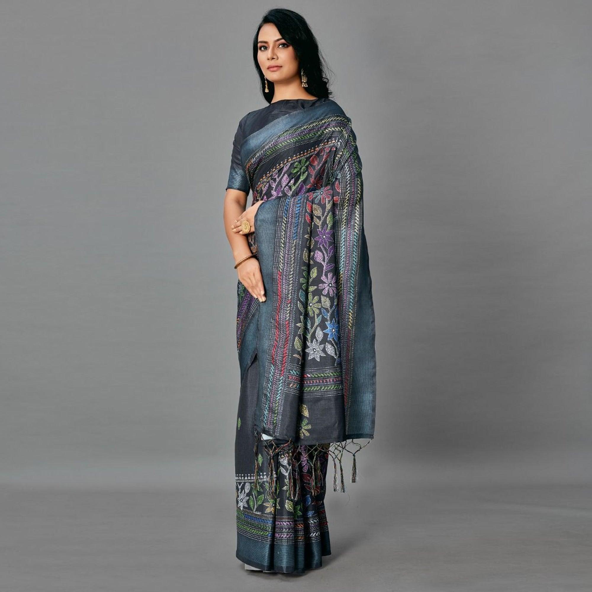 Black Casual Art Silk Printed Saree With Unstitched Blouse - Peachmode