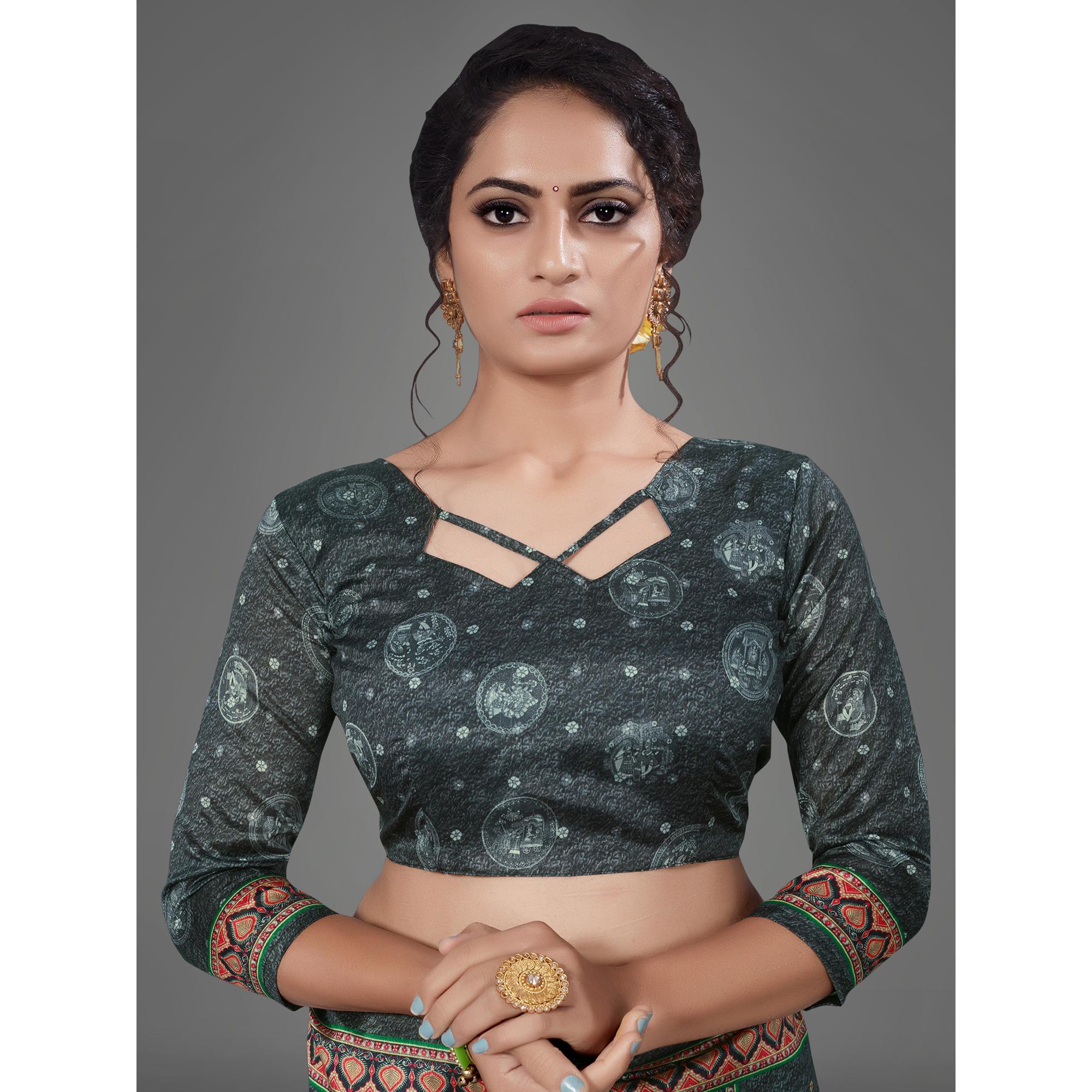 Black Casual Art Silk Printed Saree With Unstitched Blouse - Peachmode