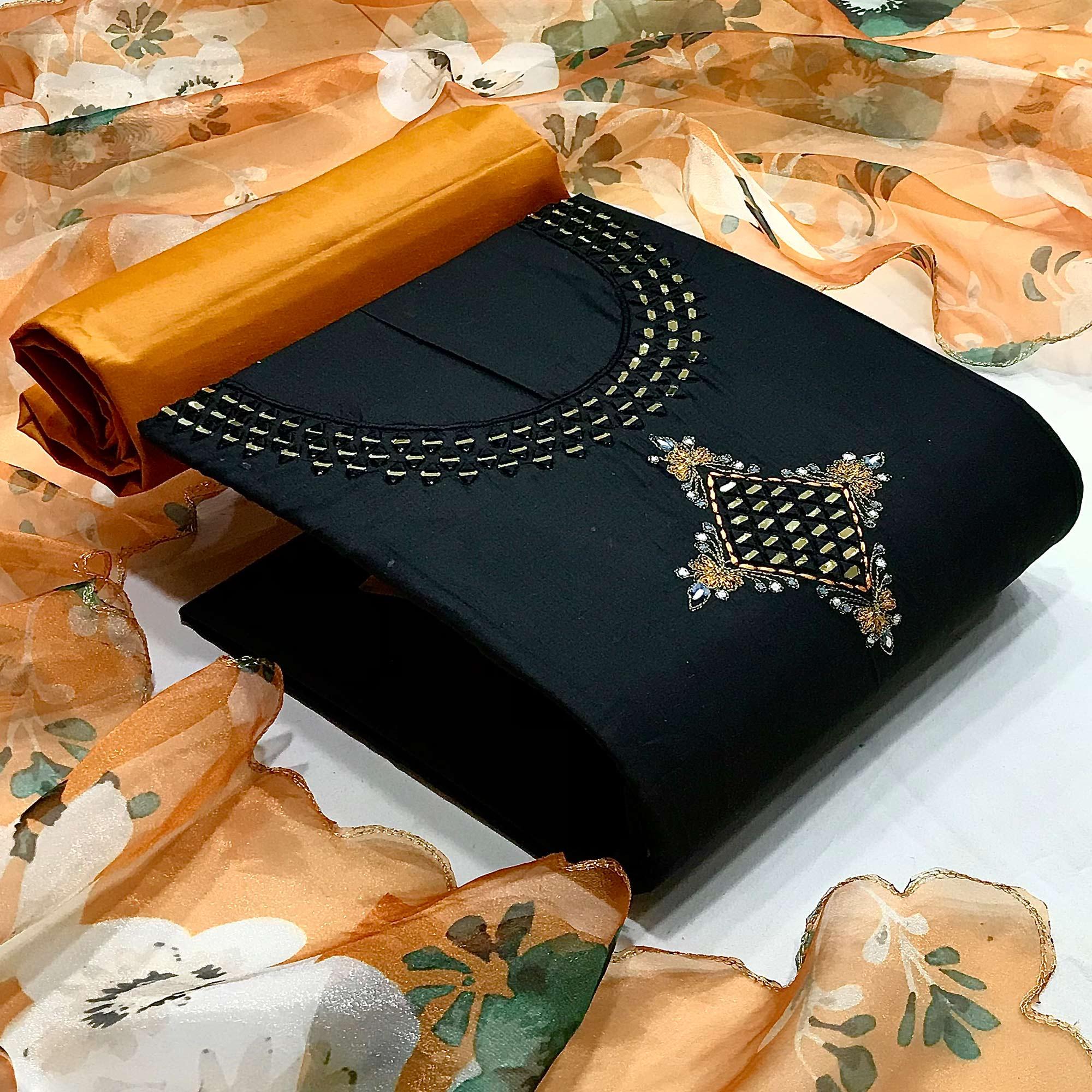 Black Casual Embroidered Thread & Mirror Work Cotton Dress Material - Peachmode