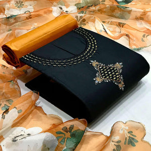 Black Casual Embroidered Thread & Mirror Work Cotton Dress Material - Peachmode