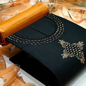 Black Casual Embroidered Thread & Mirror Work Cotton Dress Material - Peachmode