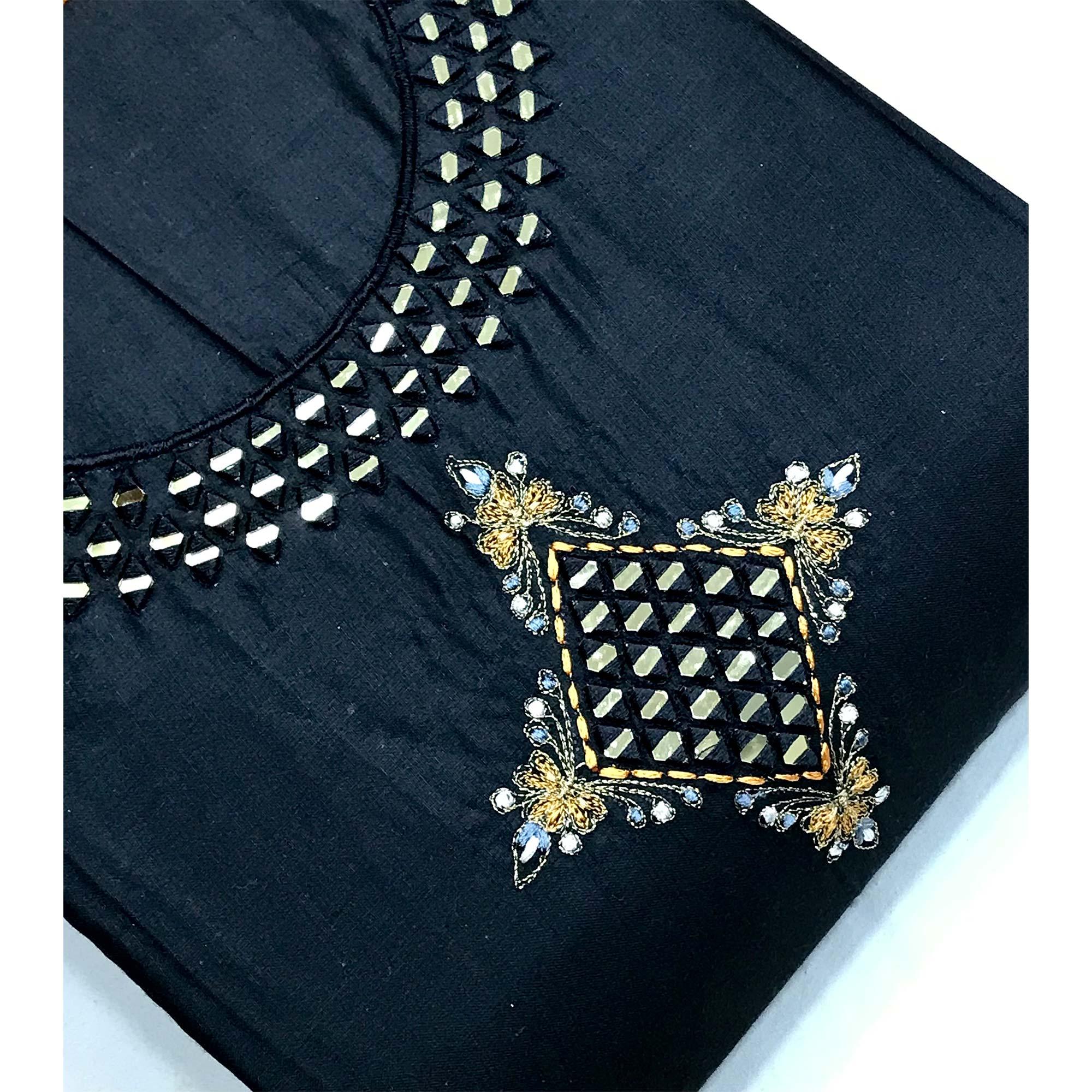 Black Casual Embroidered Thread & Mirror Work Cotton Dress Material - Peachmode