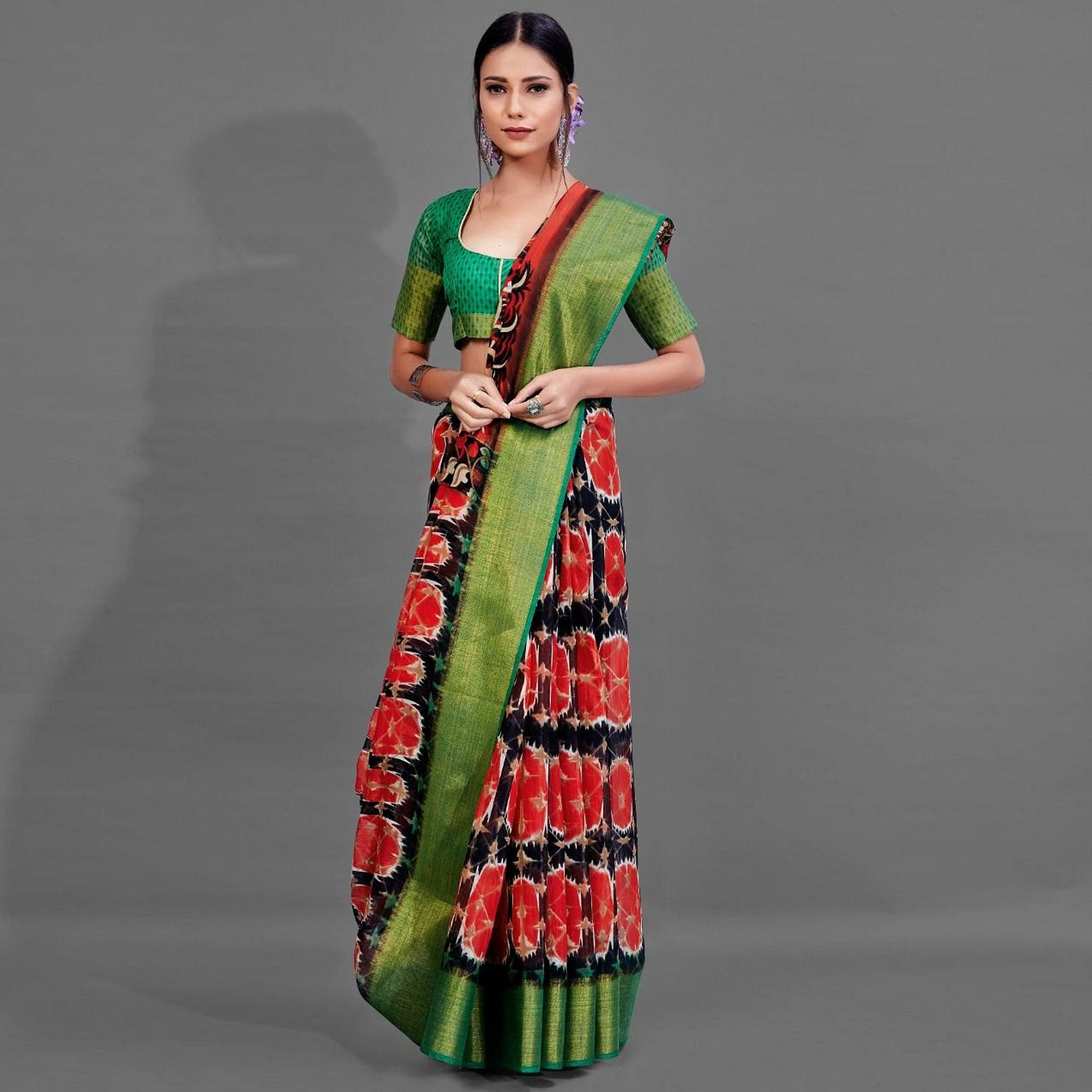 Black Casual Linen Printed Saree With Unstitched Blouse - Peachmode