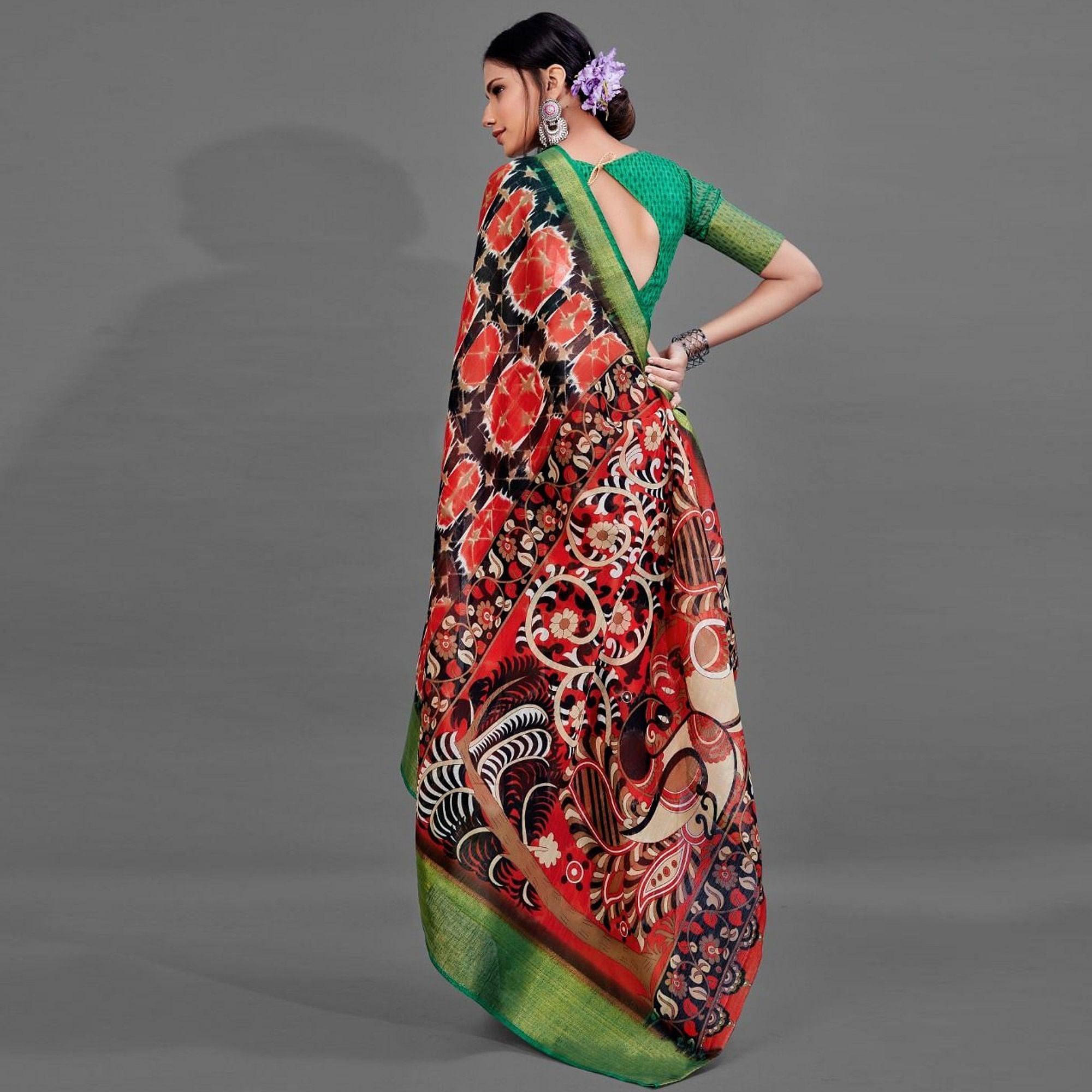 Black Casual Linen Printed Saree With Unstitched Blouse - Peachmode
