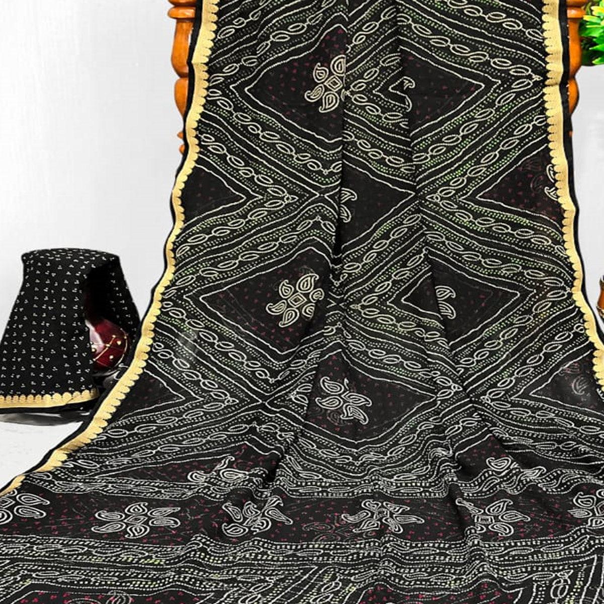 Black Casual Wear Bandhani Printed Georgette Saree With Designer Border - Peachmode
