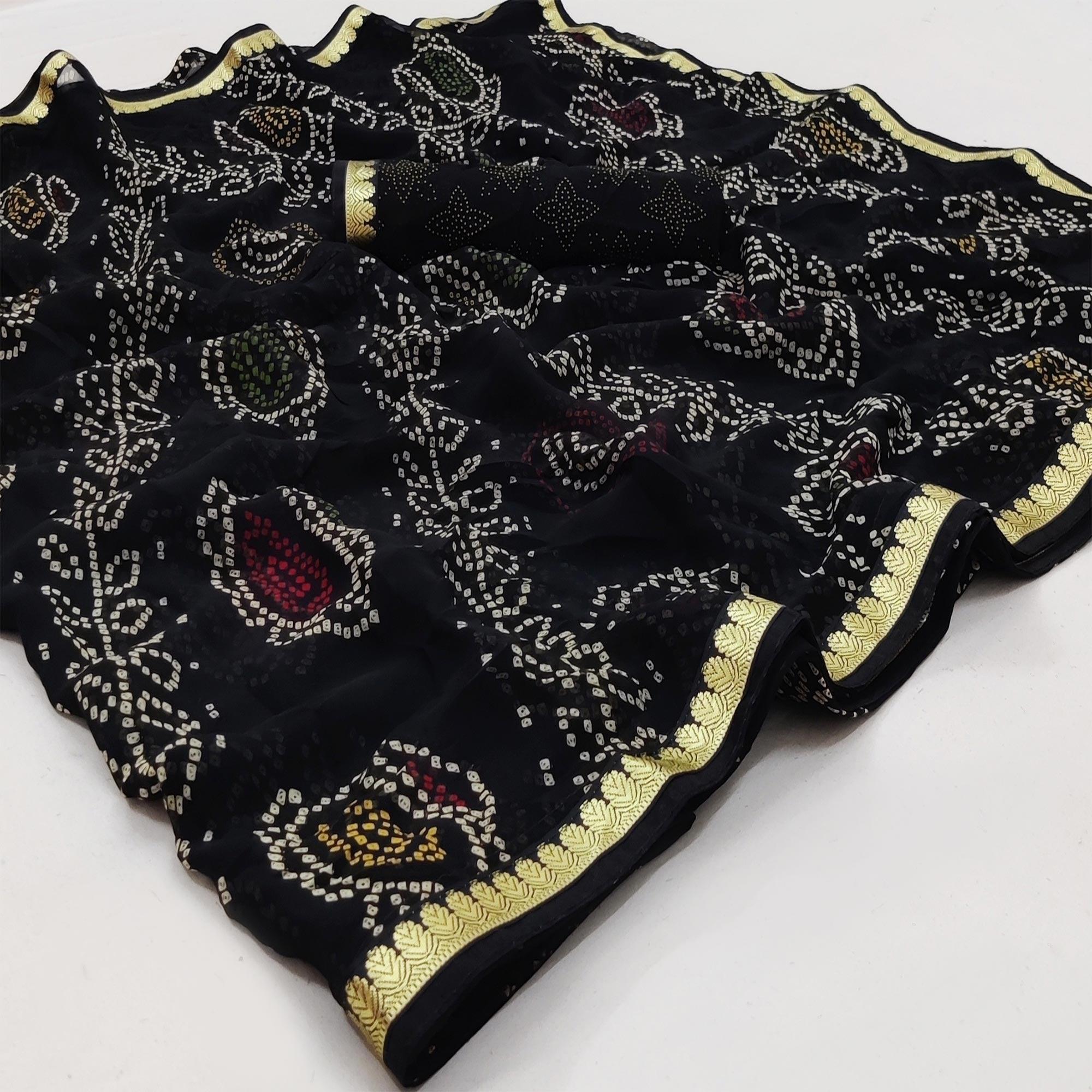 Black Casual Wear Bandhani Printed Soft Georgette Saree With Fancy Border - Peachmode