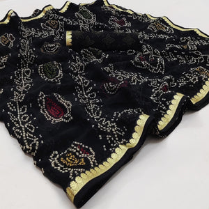 Black Casual Wear Bandhani Printed Soft Georgette Saree With Fancy Border - Peachmode