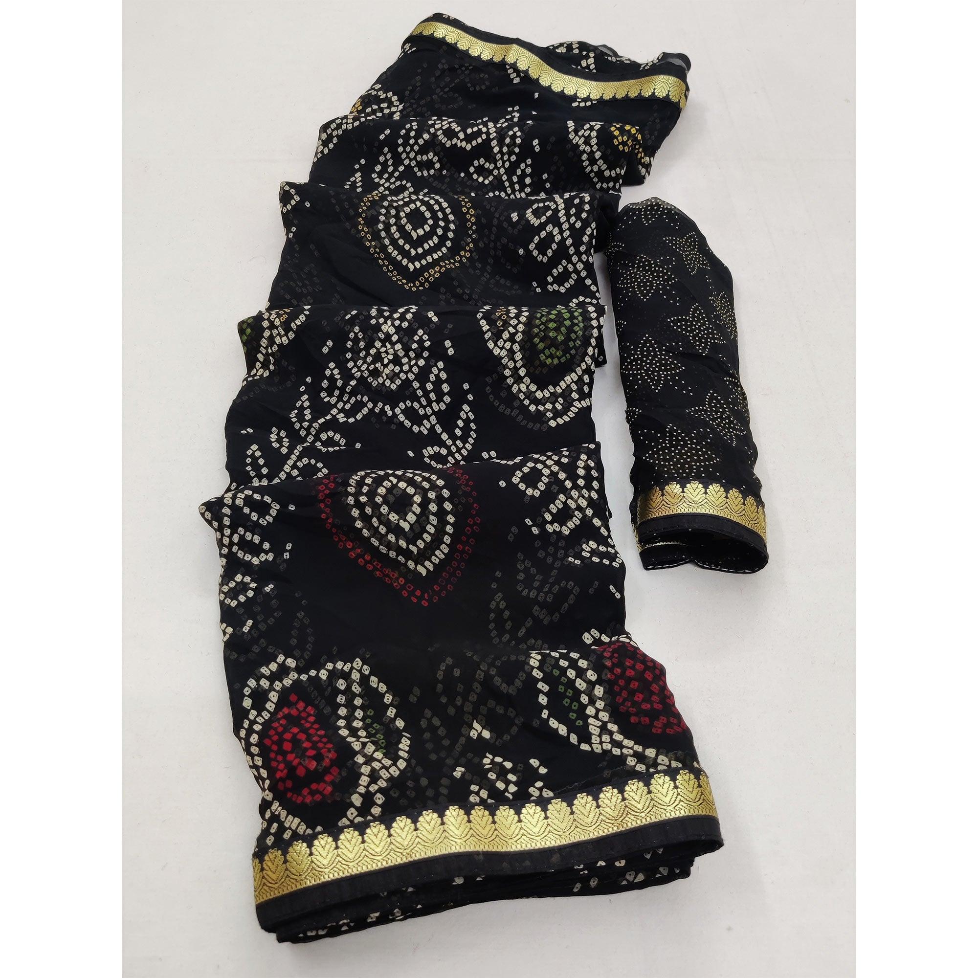 Black Casual Wear Bandhani Printed Soft Georgette Saree With Fancy Border - Peachmode