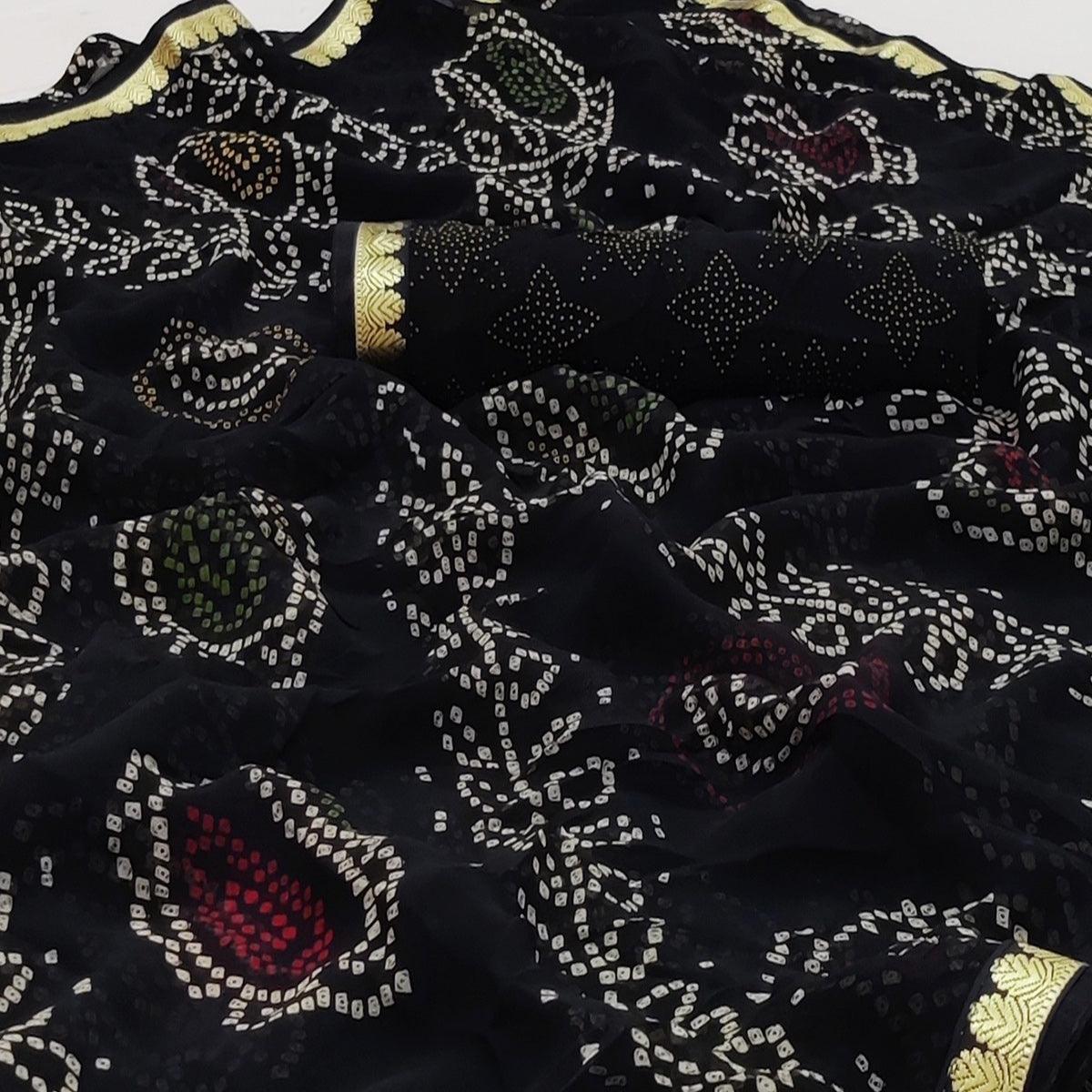 Black Casual Wear Bandhani Printed Soft Georgette Saree With Fancy Border - Peachmode