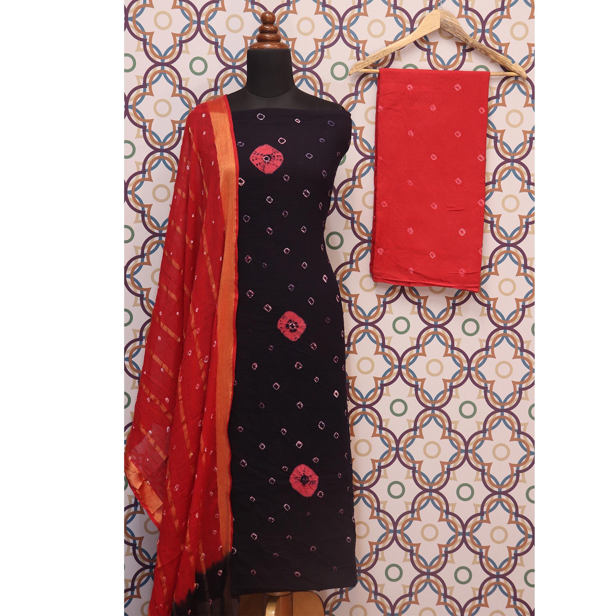 Black Casual Wear Bandhej And Woven Pure Cotton Dress Material - Peachmode