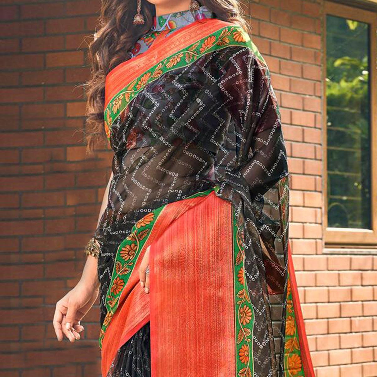 Black Casual Wear Bandhej Printed Kalamkari Silk Saree - Peachmode