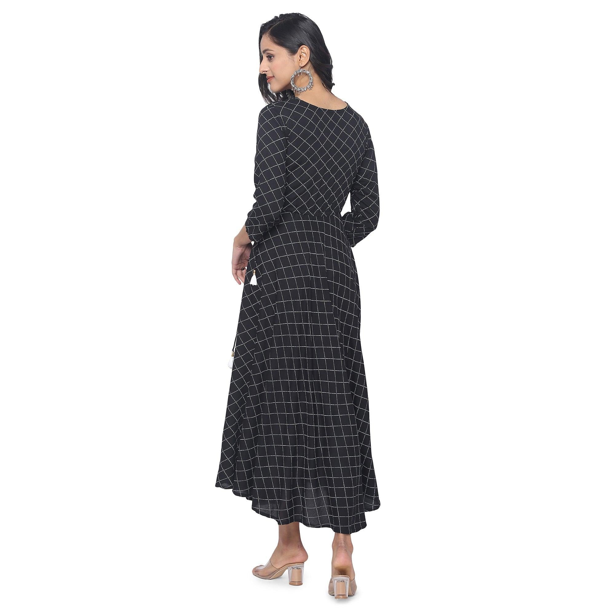 Black Casual Wear Checks Printed Rayon Long Kurti - Peachmode