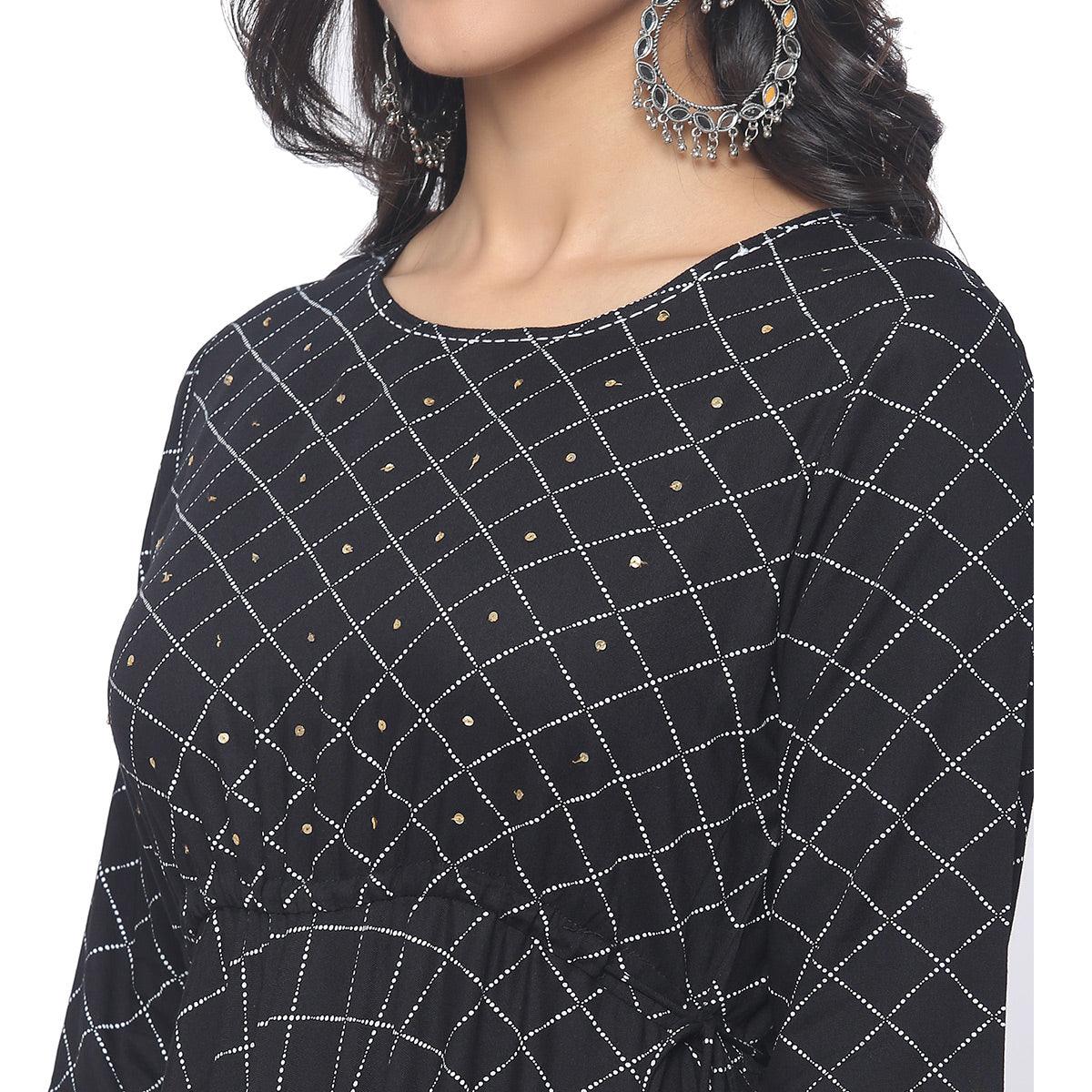 Black Casual Wear Checks Printed Rayon Long Kurti - Peachmode