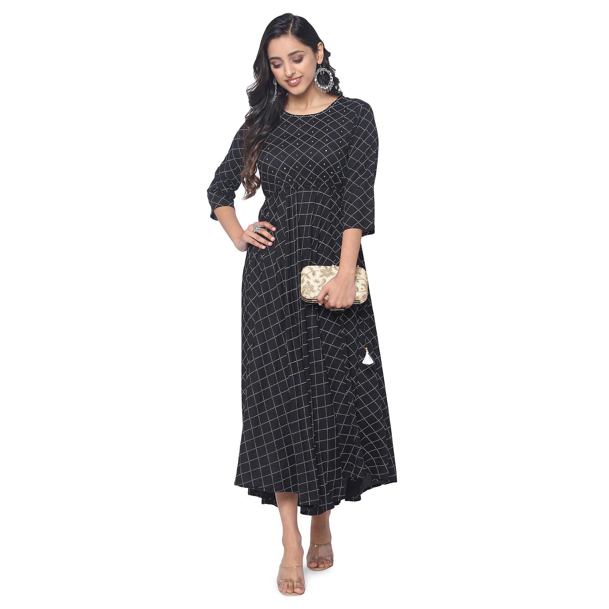 Black Casual Wear Checks Printed Rayon Long Kurti - Peachmode