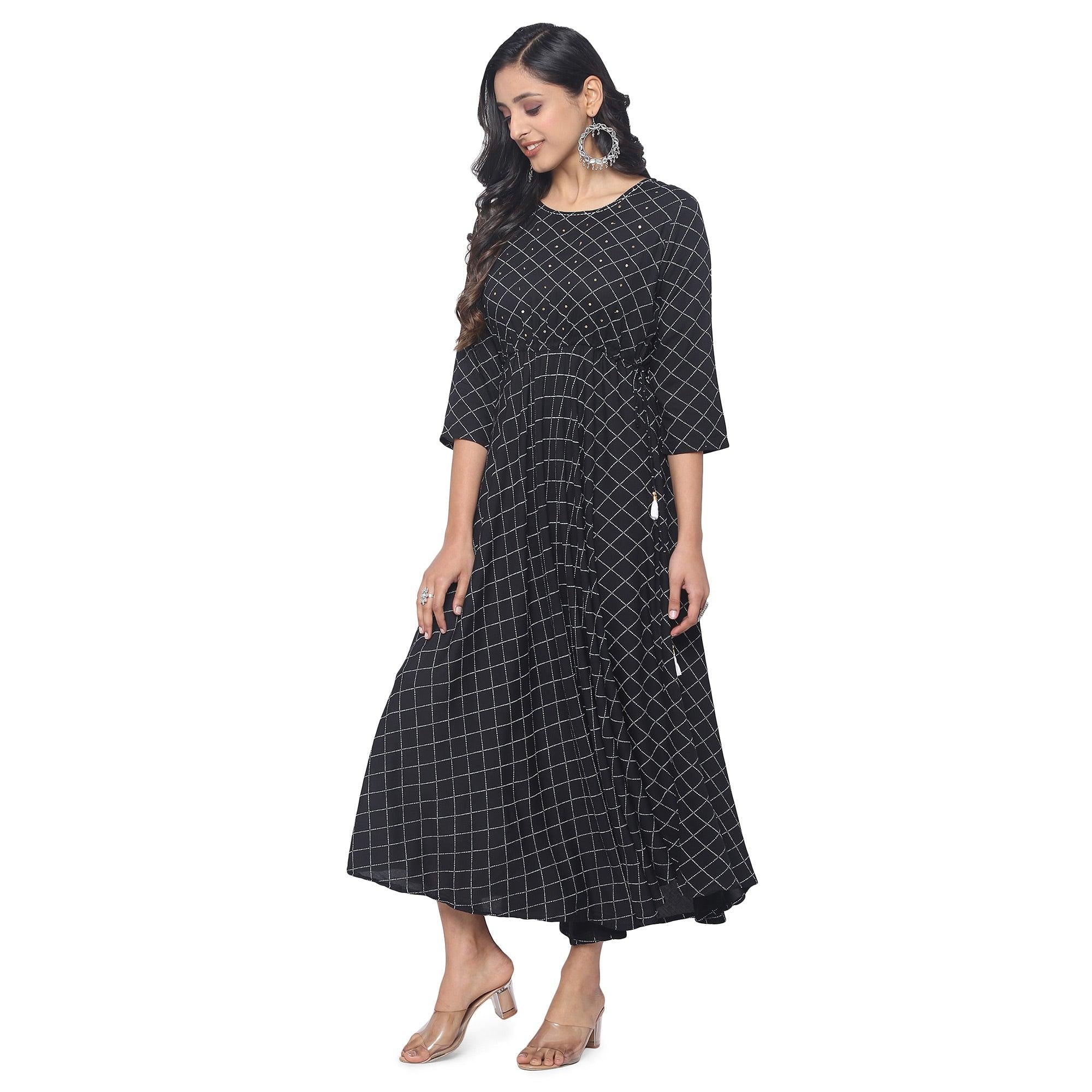Black Casual Wear Checks Printed Rayon Long Kurti - Peachmode