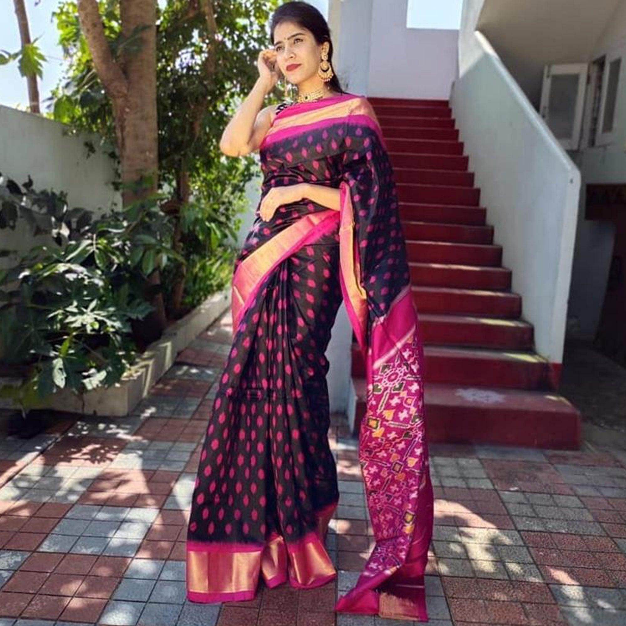 Black Casual Wear Designer Hand Block Printed Cotton Linen Saree - Peachmode