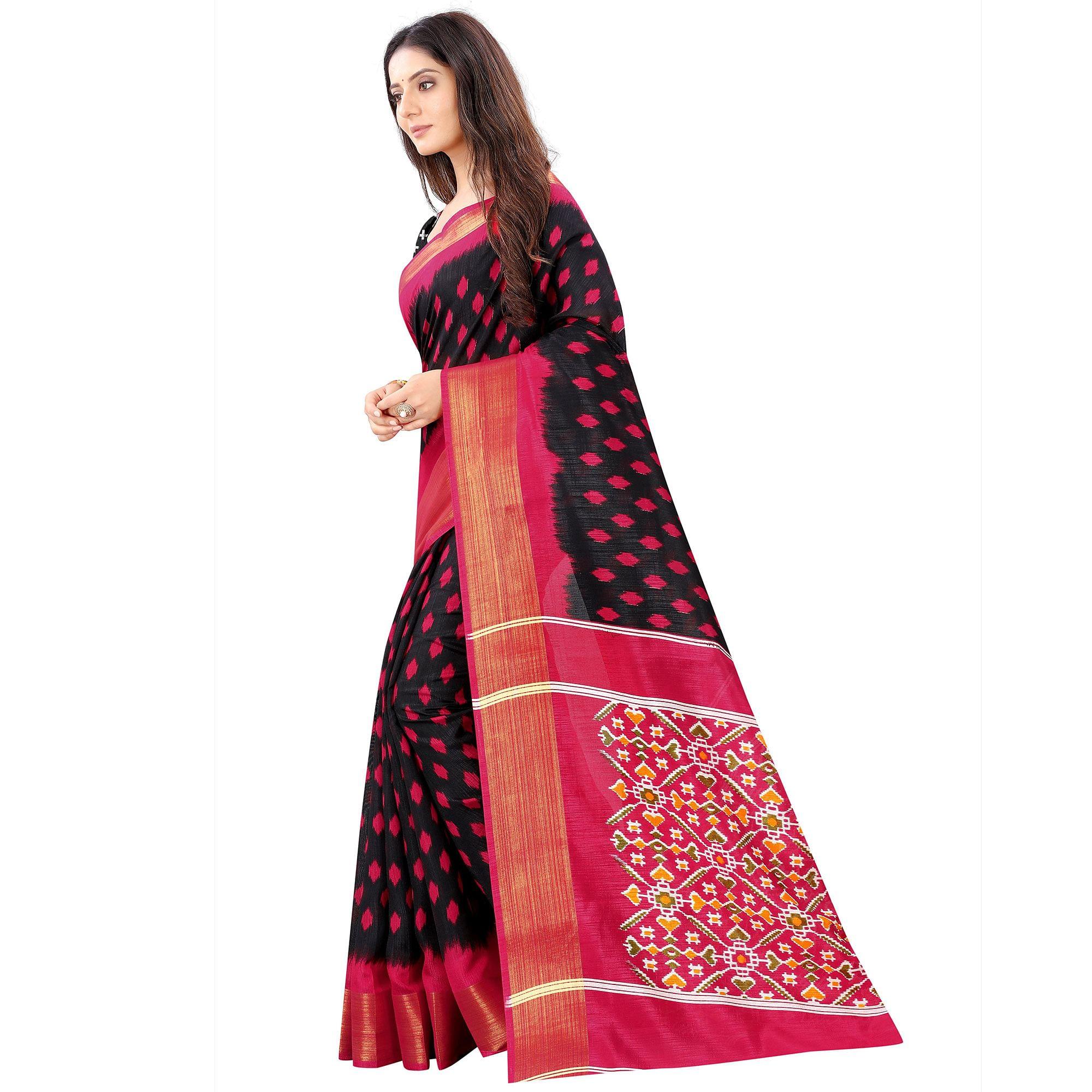 Black Casual Wear Designer Hand Block Printed Cotton Linen Saree - Peachmode