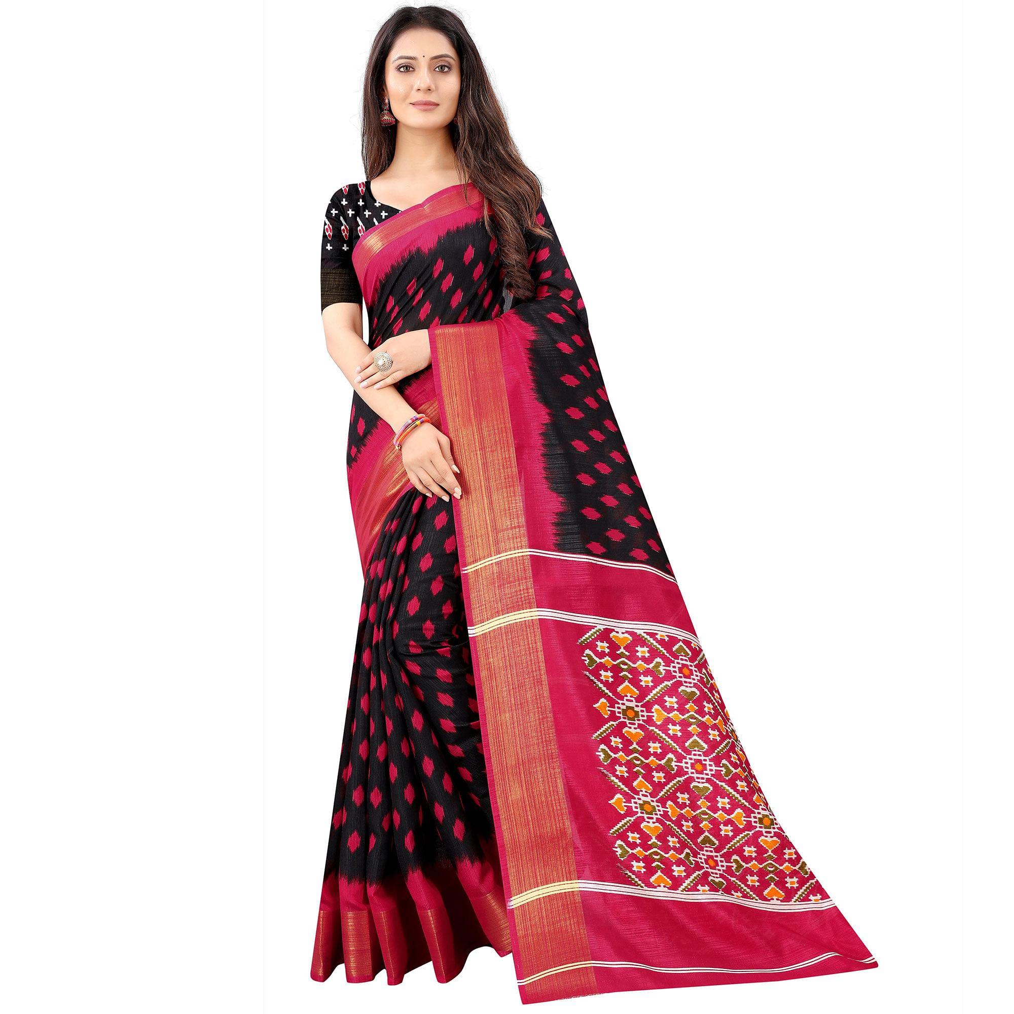 Black Casual Wear Designer Hand Block Printed Cotton Linen Saree - Peachmode