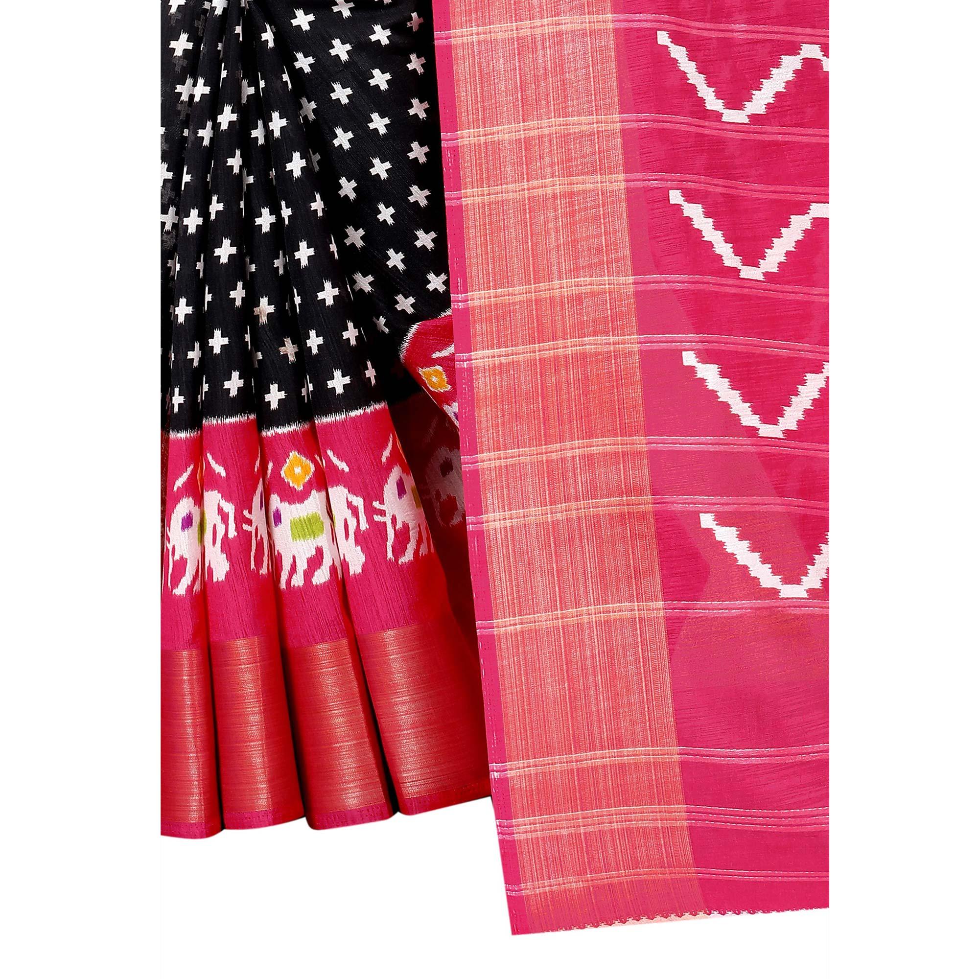 Black Casual Wear Designer Hand Block Printed Cotton Linen Saree - Peachmode