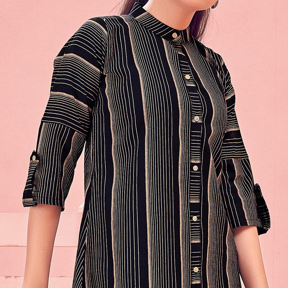 Black Casual Wear Designer Stripes Pure Khadi Western Tunics Shirt - Peachmode