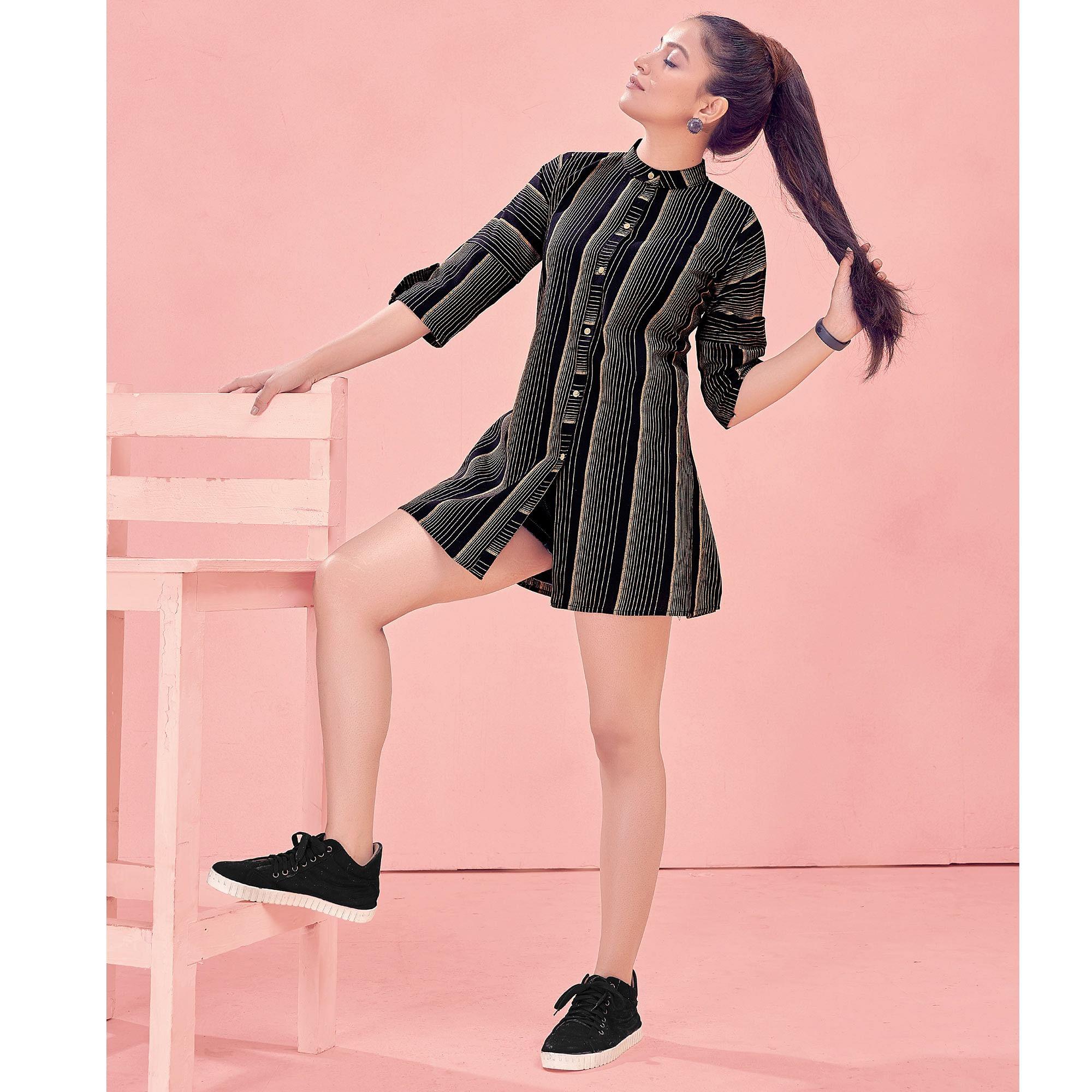 Black Casual Wear Designer Stripes Pure Khadi Western Tunics Shirt - Peachmode