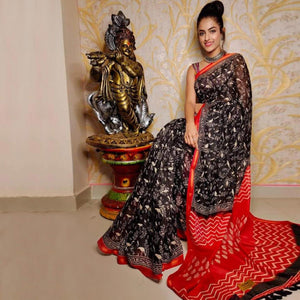 Black Casual Wear Digital Printed Chanderi Silk Saree - Peachmode