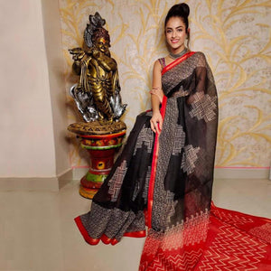 Black Casual Wear Digital Printed Chanderi Silk Saree - Peachmode