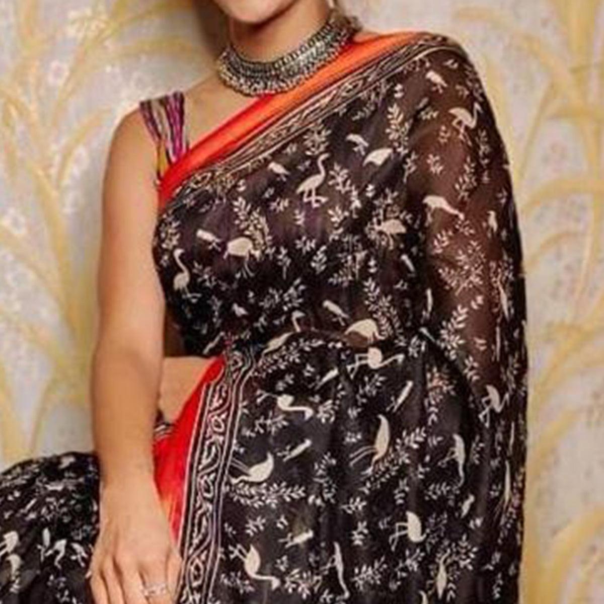 Black Casual Wear Digital Printed Chanderi Silk Saree - Peachmode