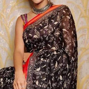 Black Casual Wear Digital Printed Chanderi Silk Saree - Peachmode